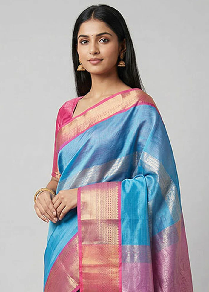 Blue Tissue Silk Saree With Blouse Piece - Image 2