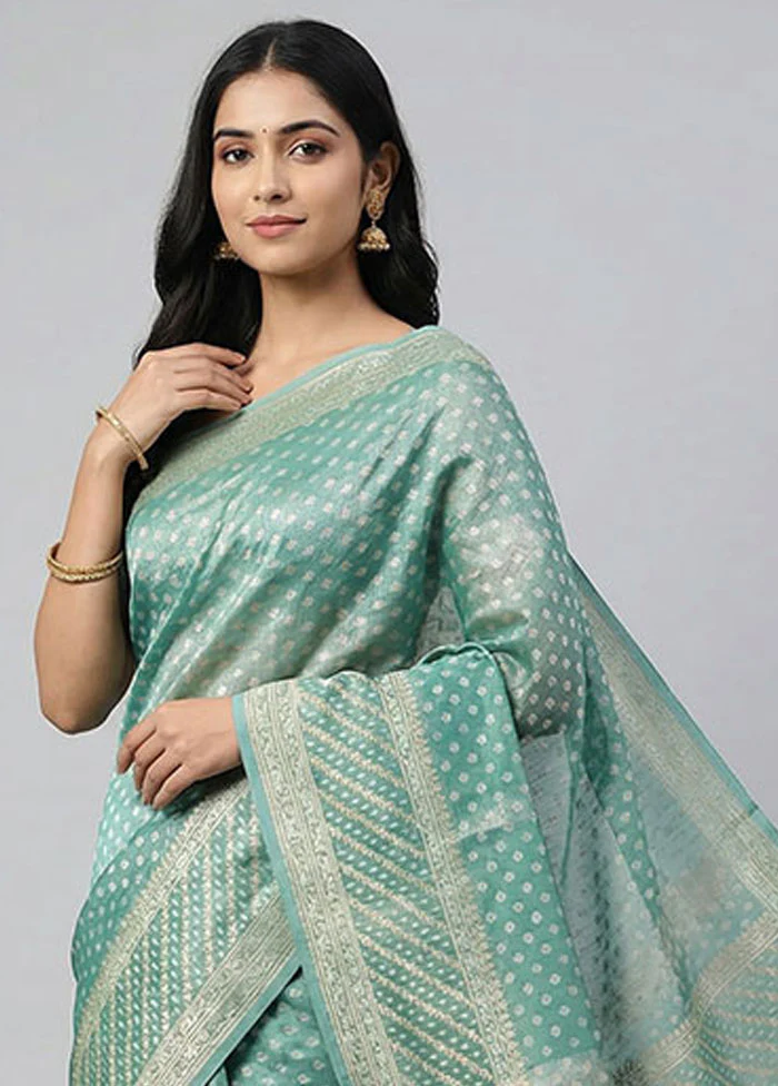 Blue Tissue Silk Saree With Blouse Piece - Image 2
