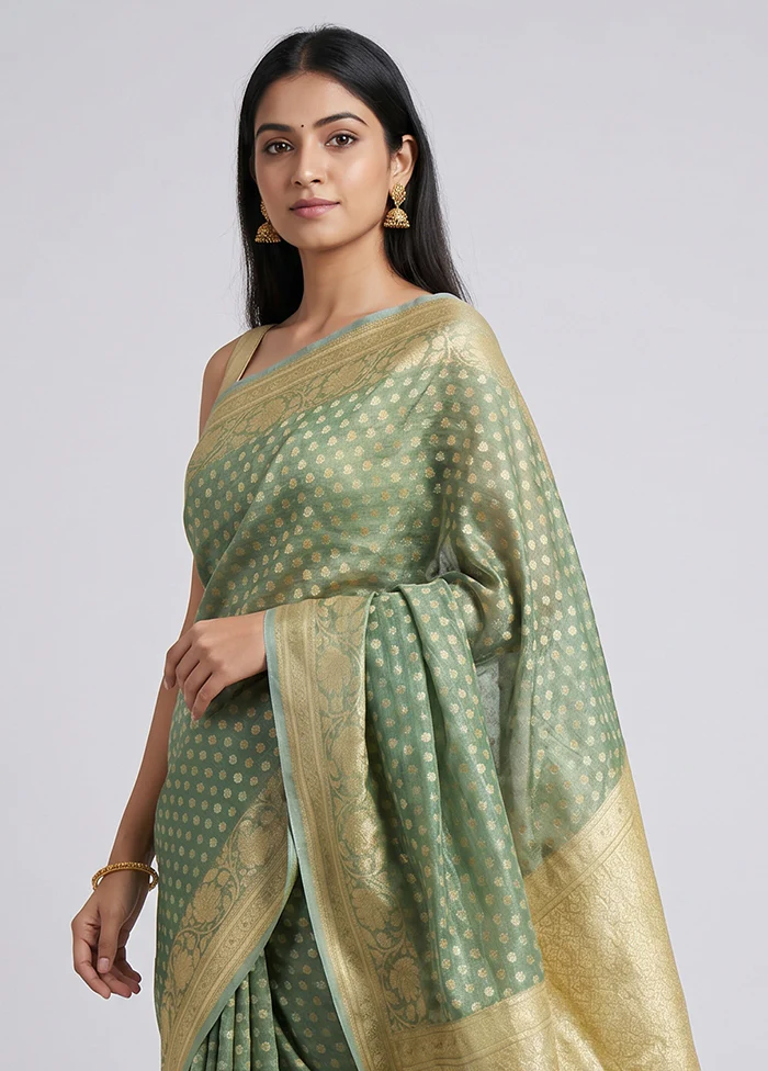 Blue Tissue Silk Saree With Blouse Piece - Image 2
