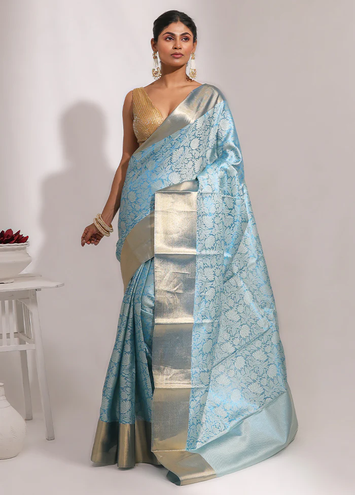 Blue Tissue Silk Saree With Blouse Piece - Image 2