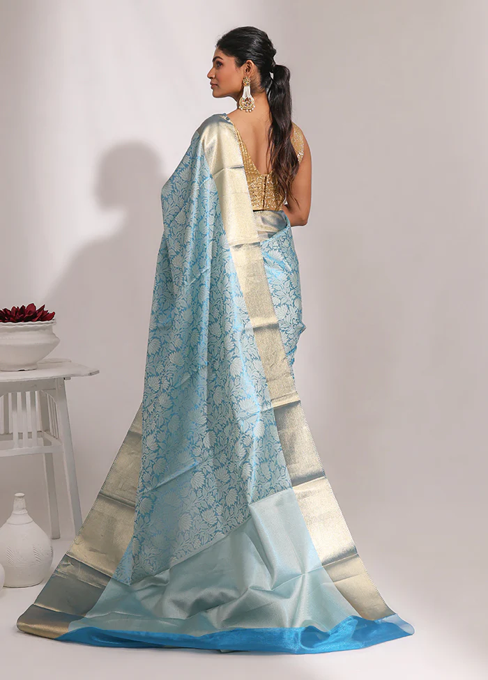 Blue Tissue Silk Saree With Blouse Piece - Image 3