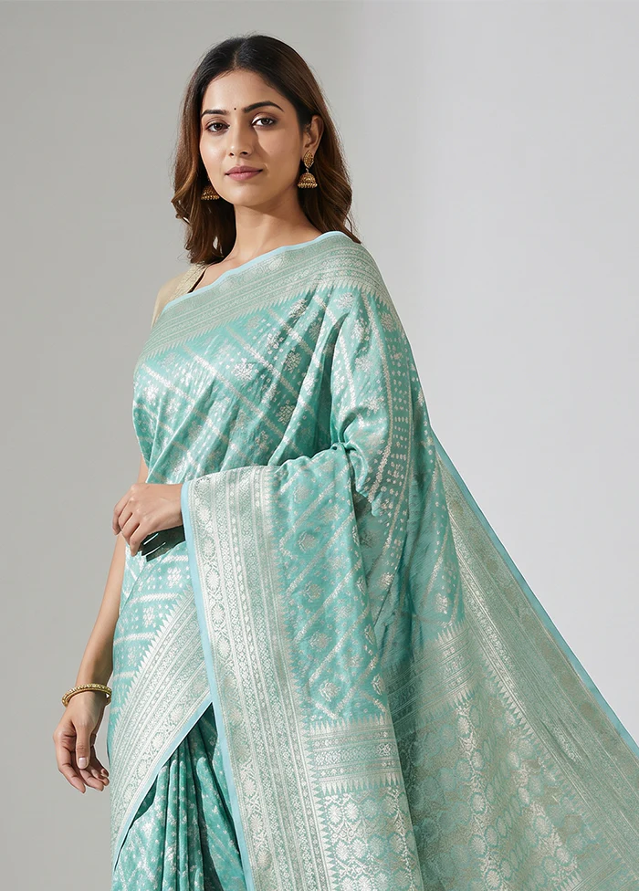 Blue Tissue Silk Saree With Blouse Piece - Image 2