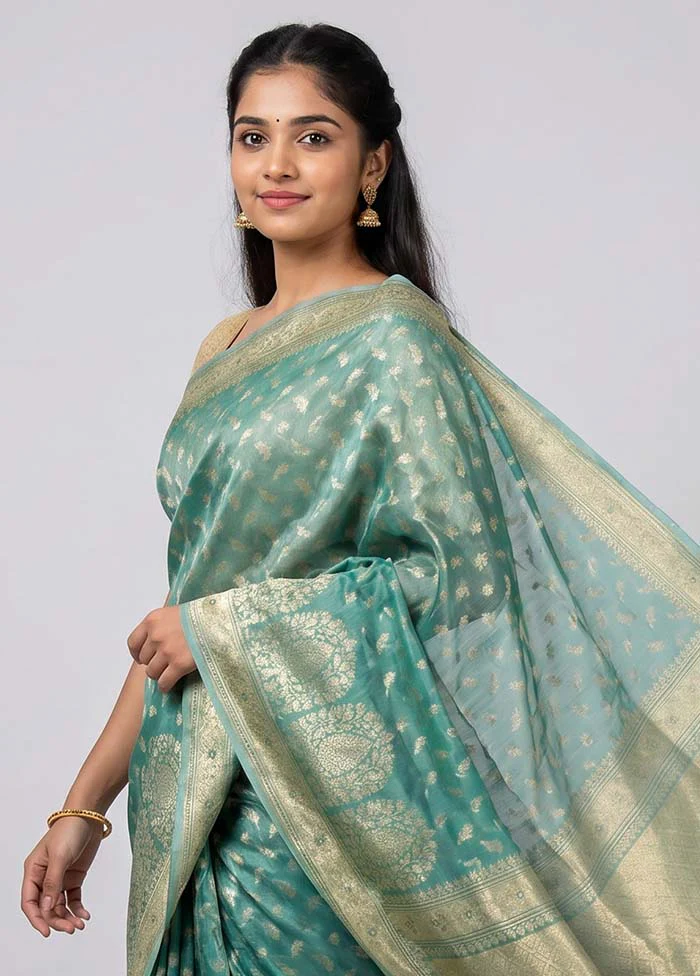 Blue Tissue Silk Saree With Blouse Piece - Image 2