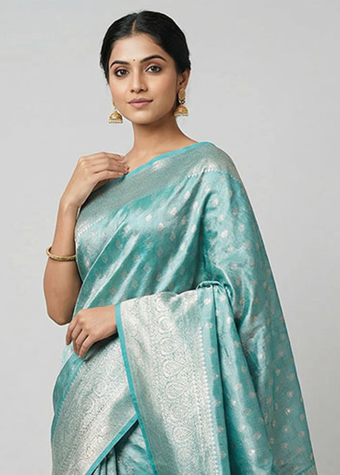 Blue Tissue Silk Saree With Blouse Piece - Image 2