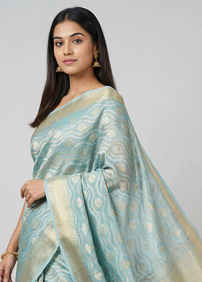 Blue Tissue Silk Saree With Blouse Piece - Image 2