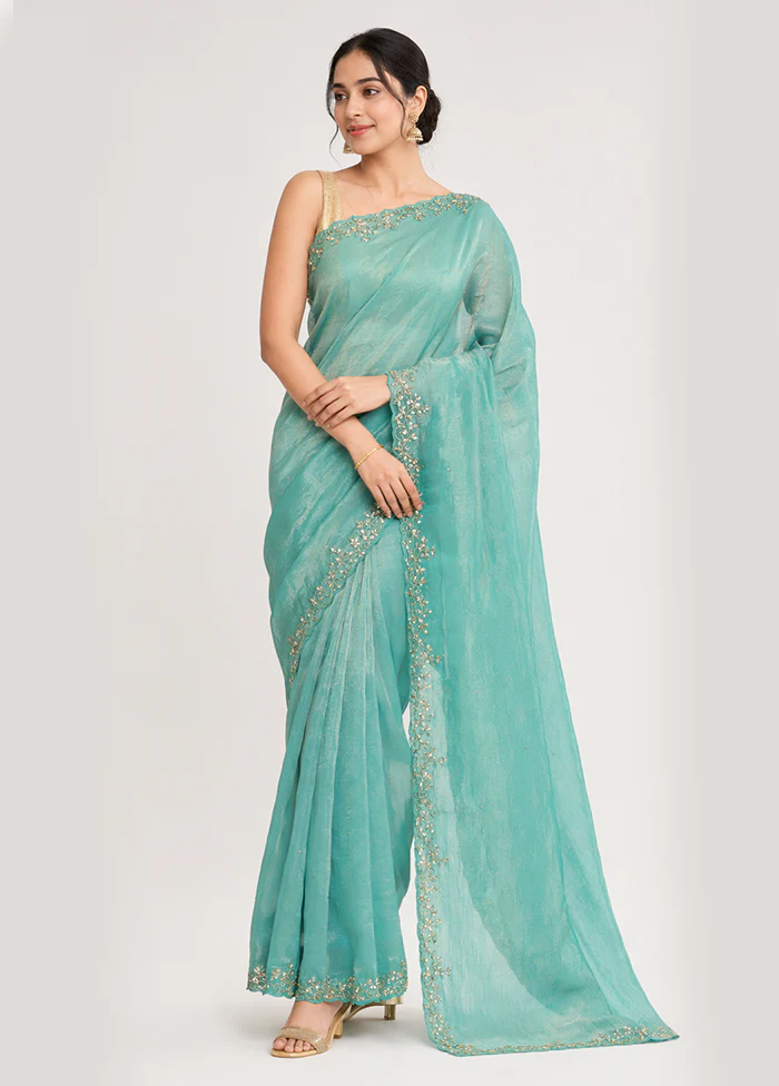 Blue Tissue Silk Saree With Blouse Piece