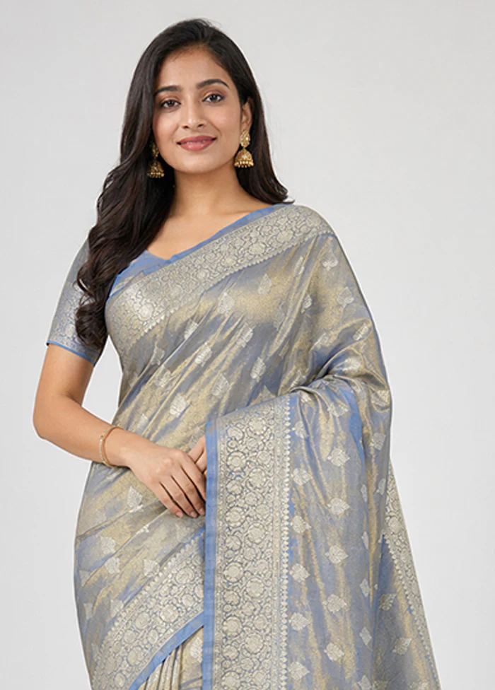 Blue Tissue Silk Saree With Blouse Piece - Image 2