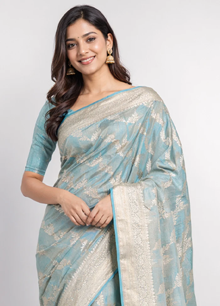 Blue Tissue Silk Saree With Blouse Piece - Image 2