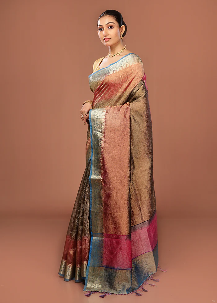 Blue Tissue Silk Saree With Blouse Piece - Image 4