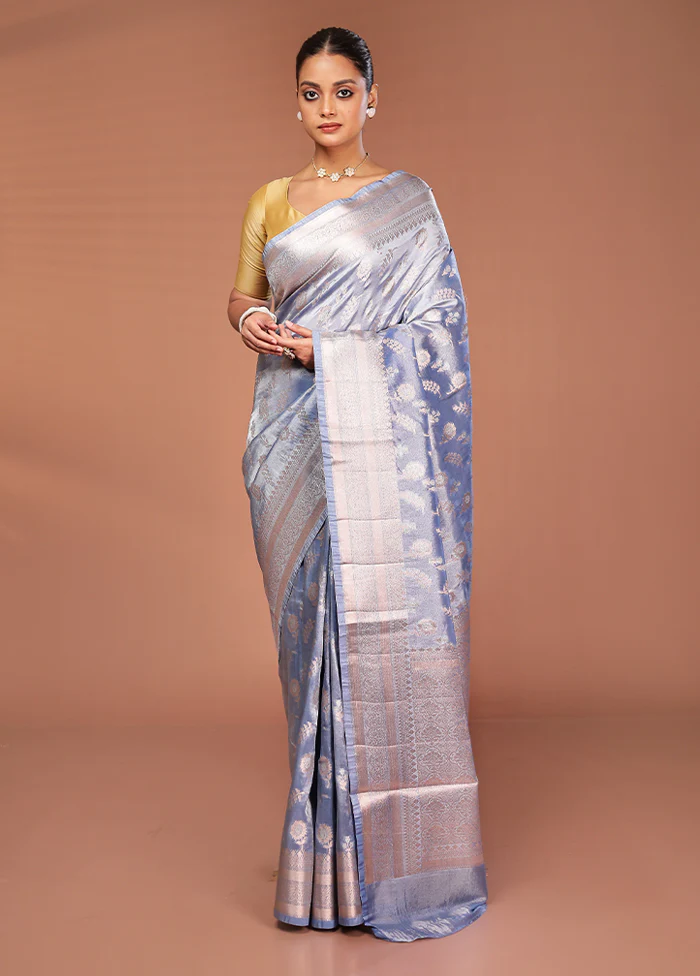 Blue Tissue Silk Saree With Blouse Piece - Image 2
