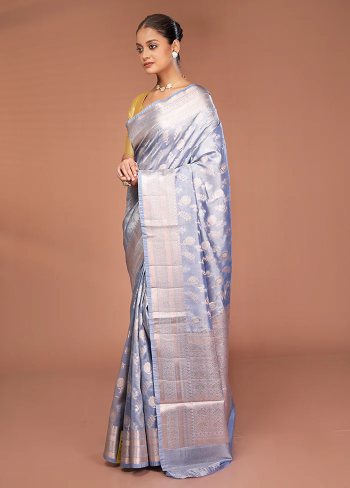 Blue Tissue Silk Saree With Blouse Piece - Image 4