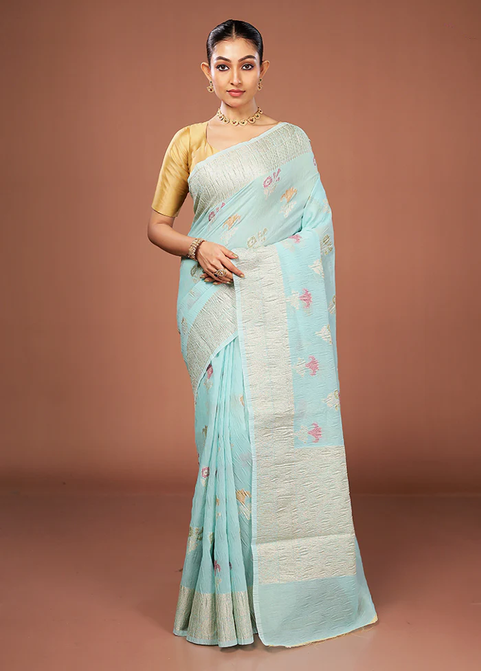 Blue Tissue Silk Saree With Blouse Piece - Image 2