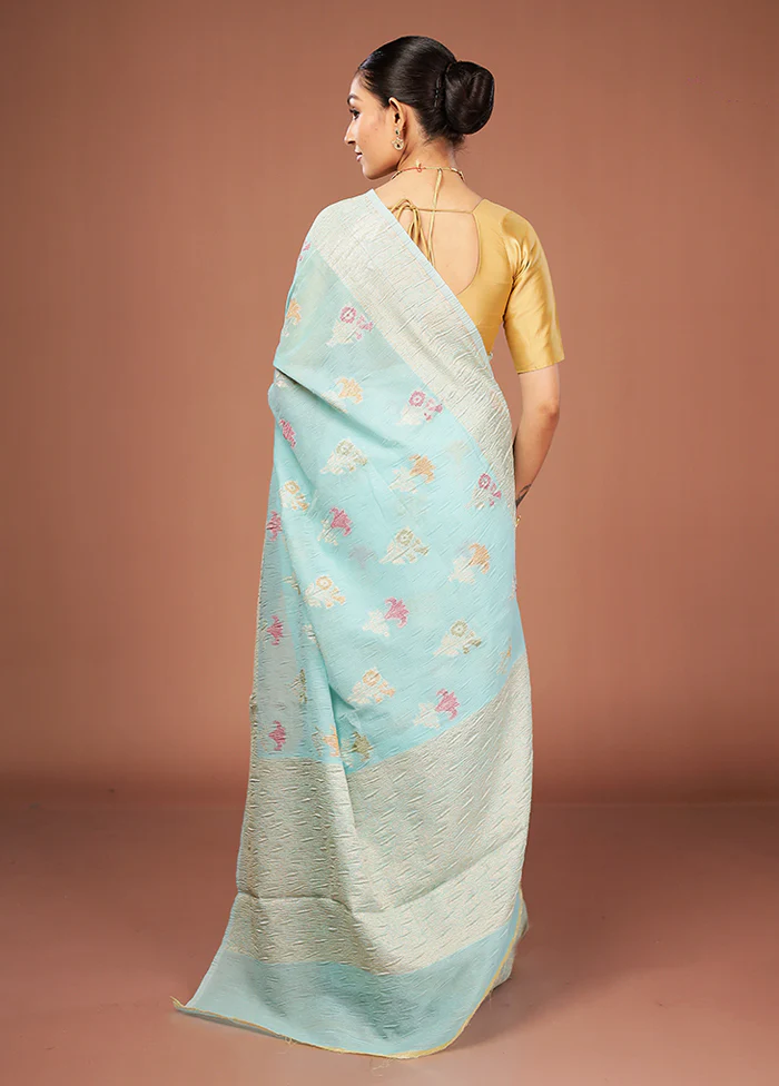 Blue Tissue Silk Saree With Blouse Piece - Image 3