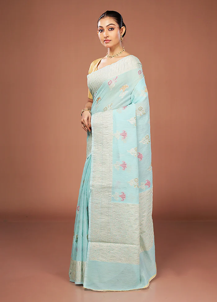 Blue Tissue Silk Saree With Blouse Piece - Image 4