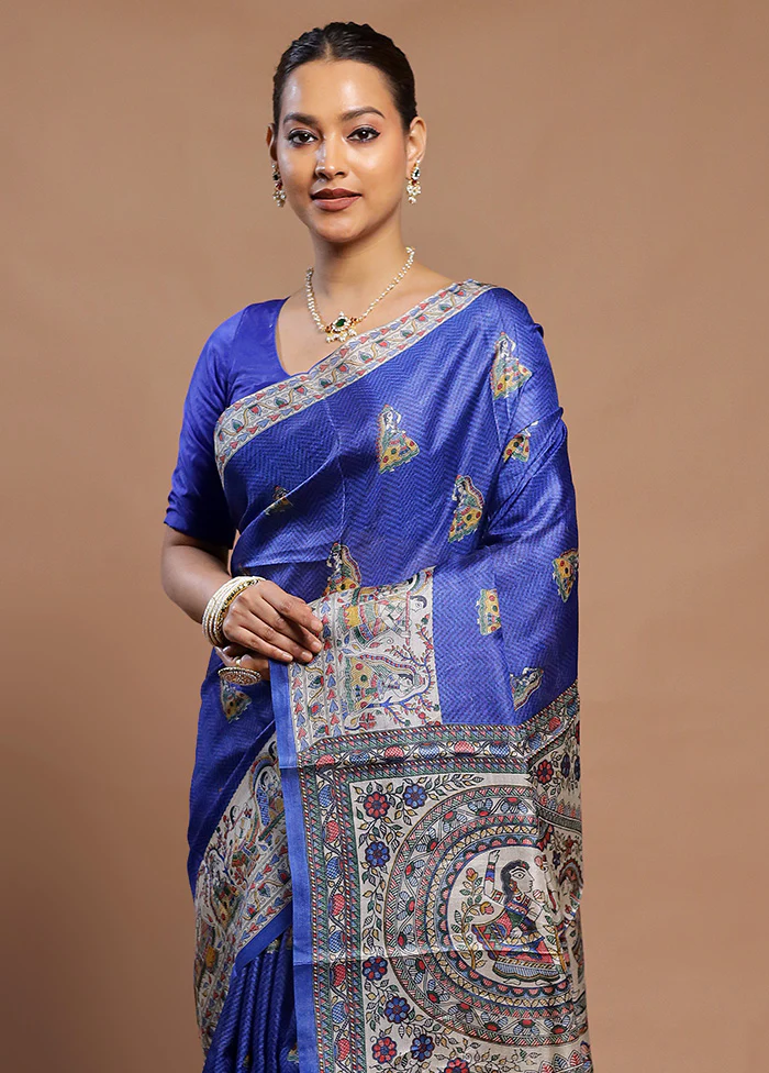 Blue Tussar Silk Saree With Blouse Piece - Image 2