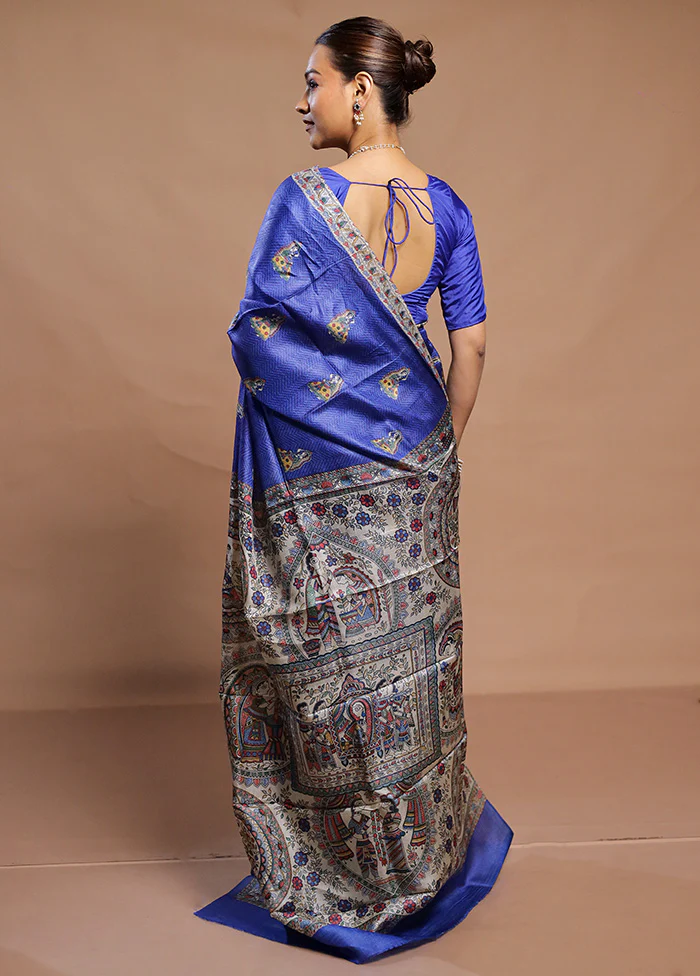 Blue Tussar Silk Saree With Blouse Piece - Image 3