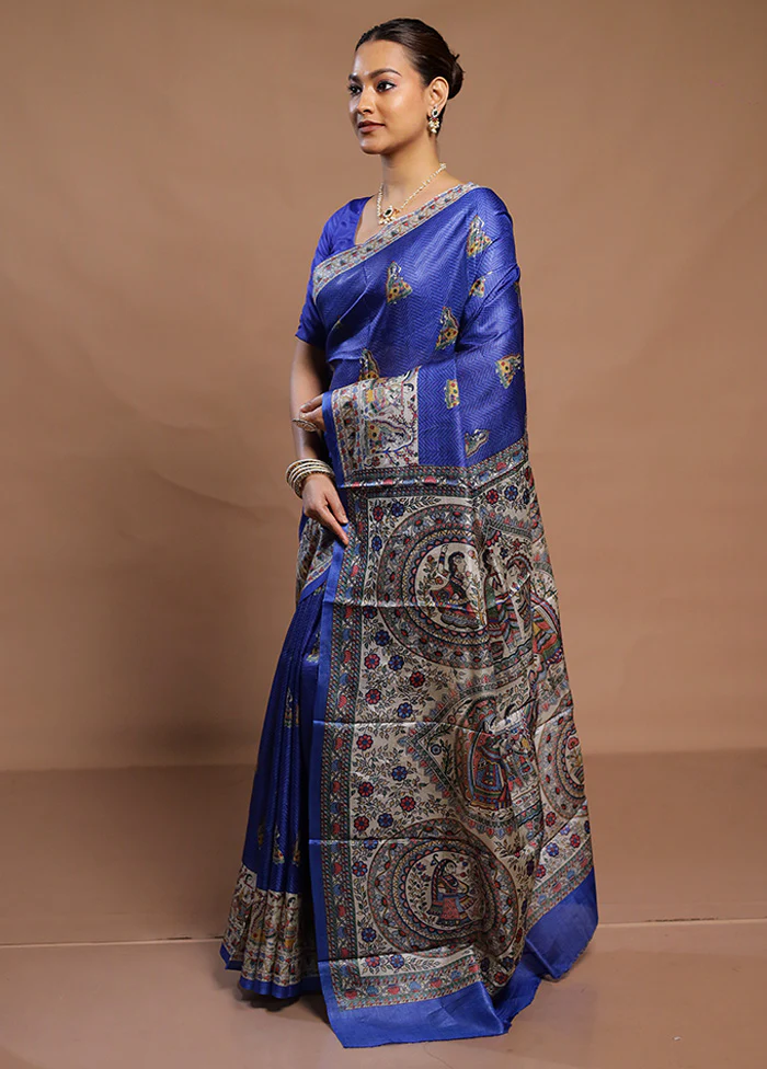 Blue Tussar Silk Saree With Blouse Piece - Image 4