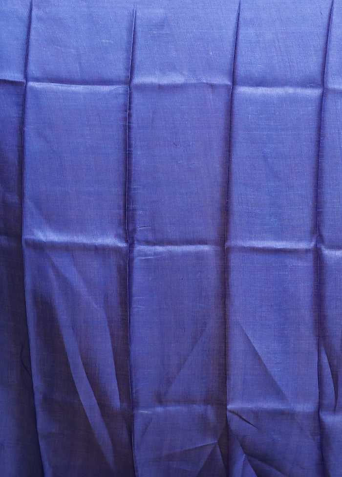 Blue Tussar Silk Saree With Blouse Piece - Image 5