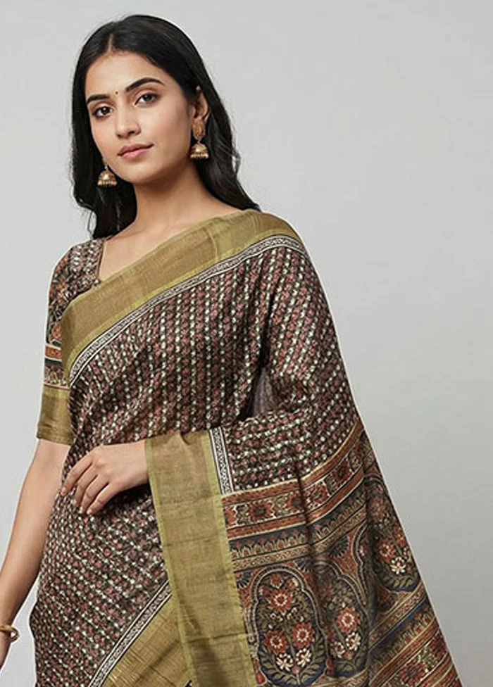 Blue Tussar Silk Saree With Blouse Piece - Image 2