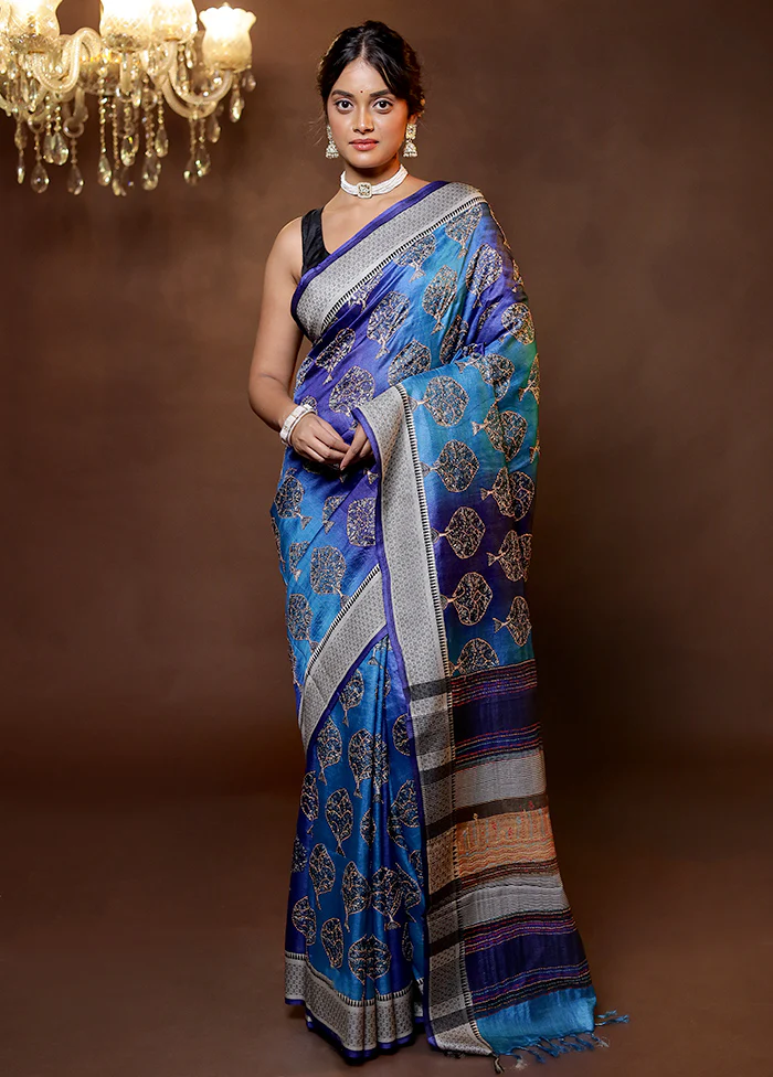 Blue Tussar Silk Saree With Blouse Piece - Image 2