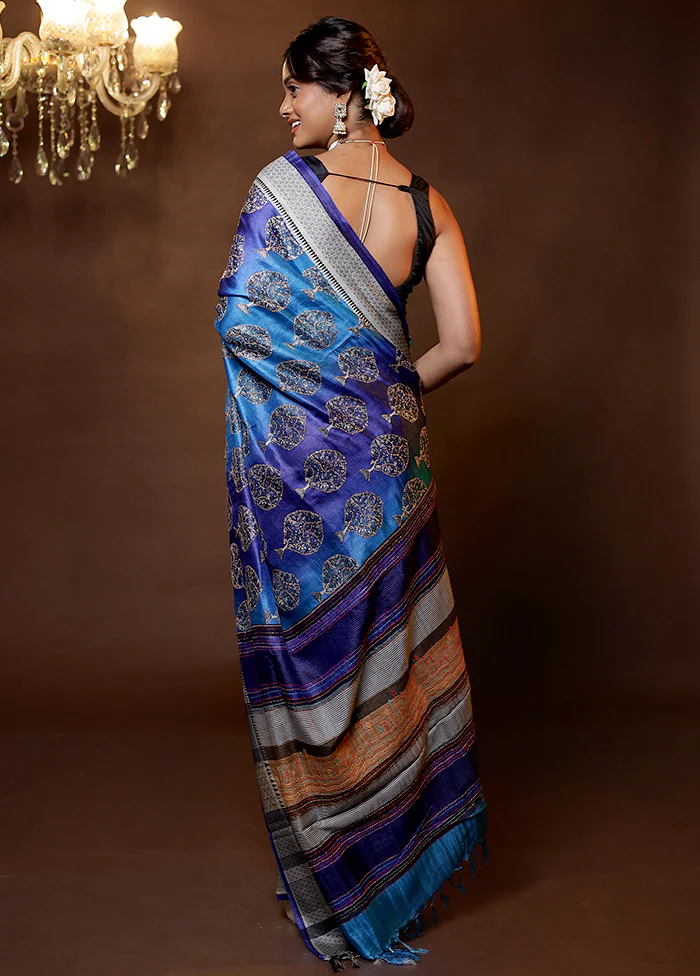 Blue Tussar Silk Saree With Blouse Piece - Image 3