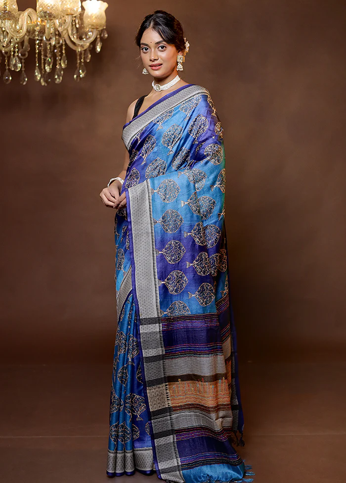 Blue Tussar Silk Saree With Blouse Piece - Image 4