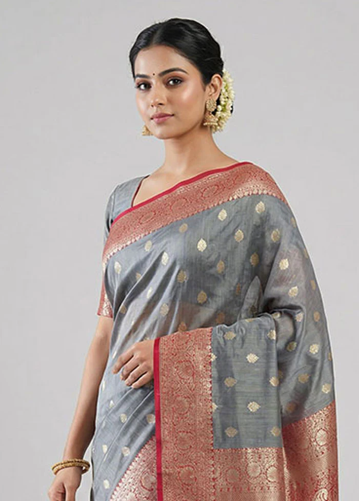 Blue Tussar Silk Saree With Blouse Piece - Image 2