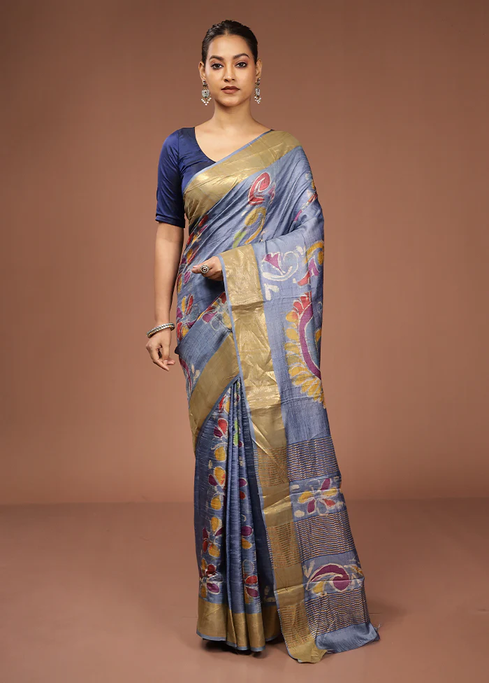 Blue Tussar Silk Saree With Blouse Piece - Image 2