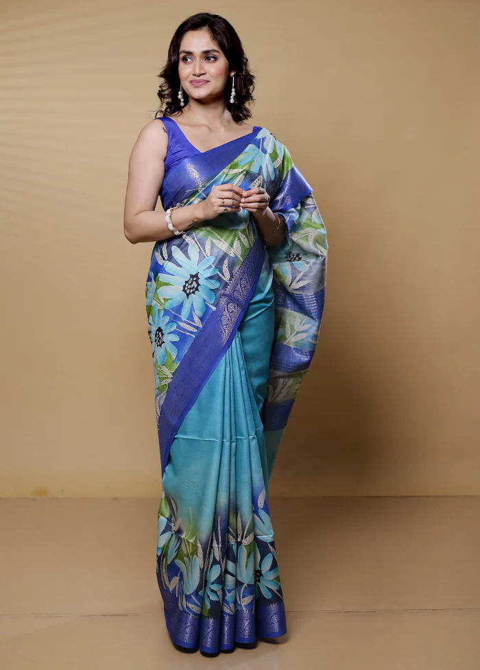 Blue Tussar Silk Saree With Blouse Piece - Image 2