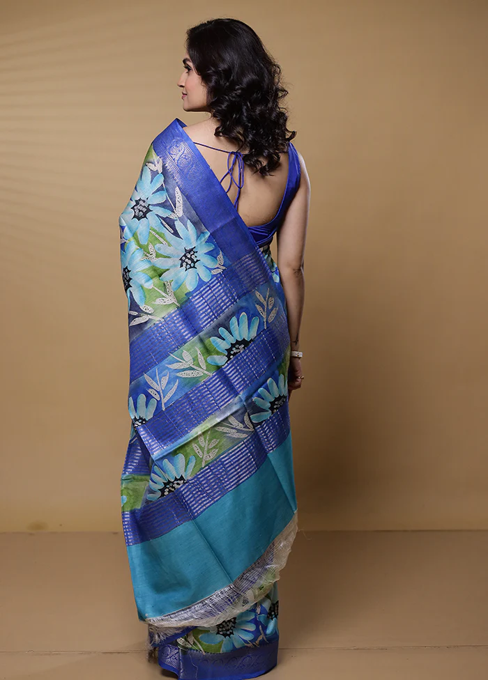Blue Tussar Silk Saree With Blouse Piece - Image 3