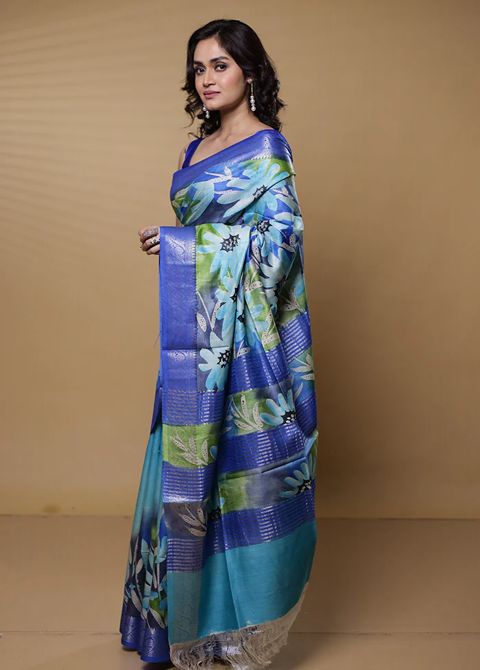 Blue Tussar Silk Saree With Blouse Piece - Image 4