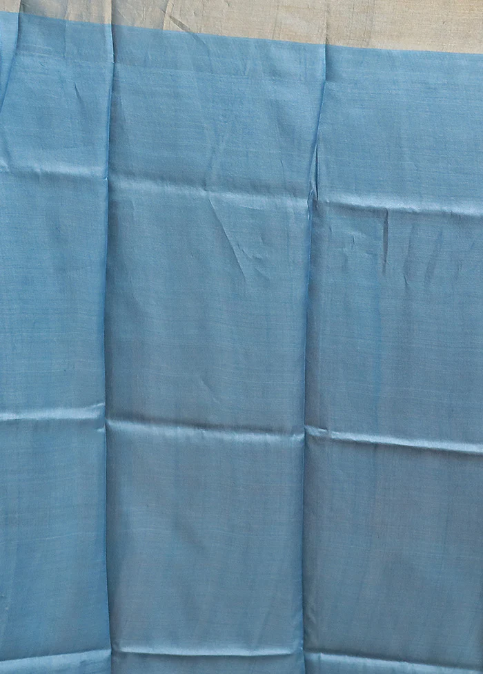 Blue Tussar Silk Saree With Blouse Piece - Image 5
