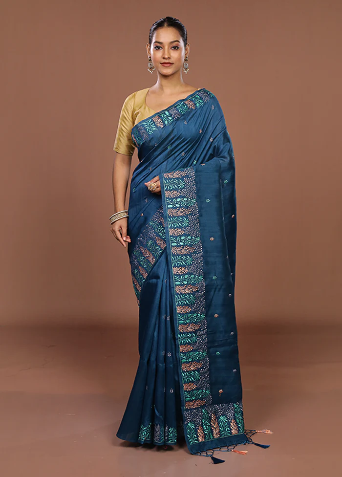 Blue Tussar Silk Saree With Blouse Piece - Image 2