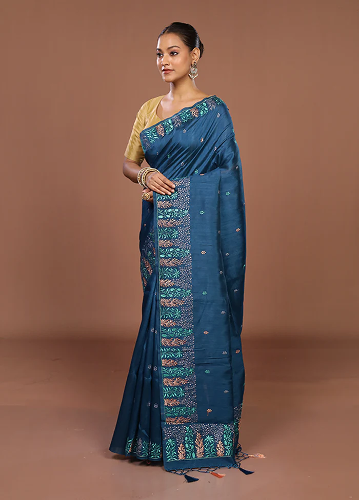 Blue Tussar Silk Saree With Blouse Piece - Image 4