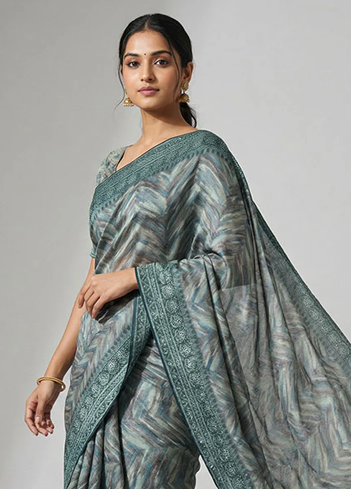 Blue Tussar Silk Saree With Blouse Piece - Image 2