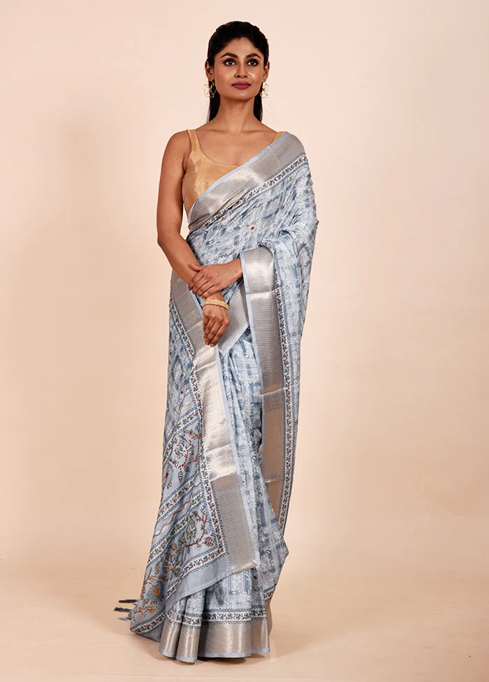 Blue Tussar Silk Saree With Blouse Piece - Image 2