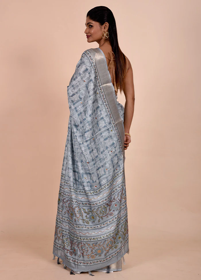 Blue Tussar Silk Saree With Blouse Piece - Image 3