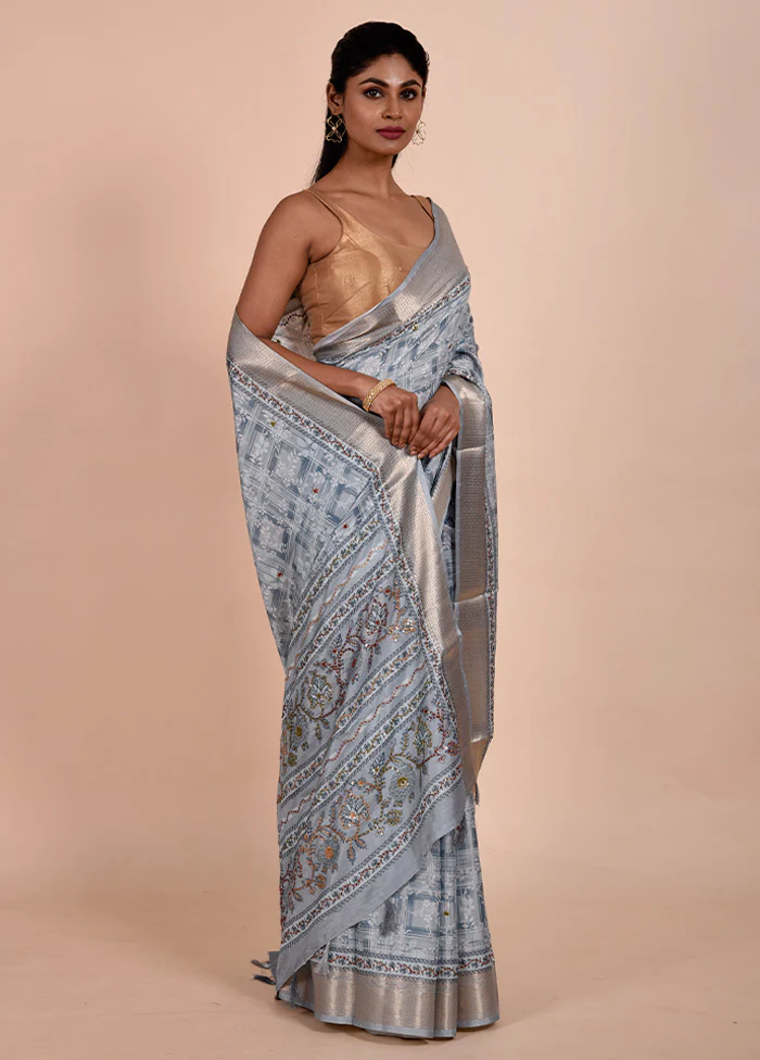Blue Tussar Silk Saree With Blouse Piece - Image 4
