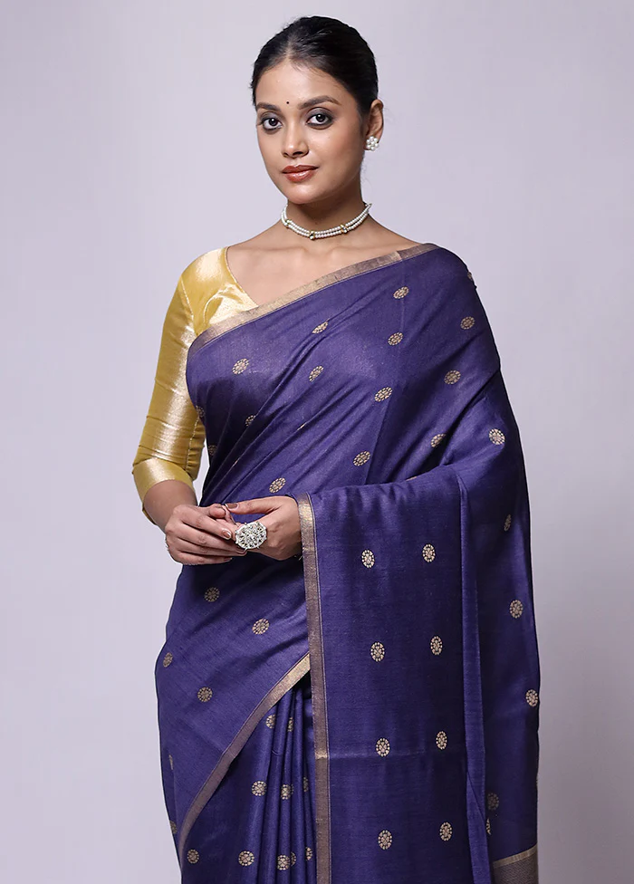Blue Tussar Silk Saree With Blouse Piece - Image 2