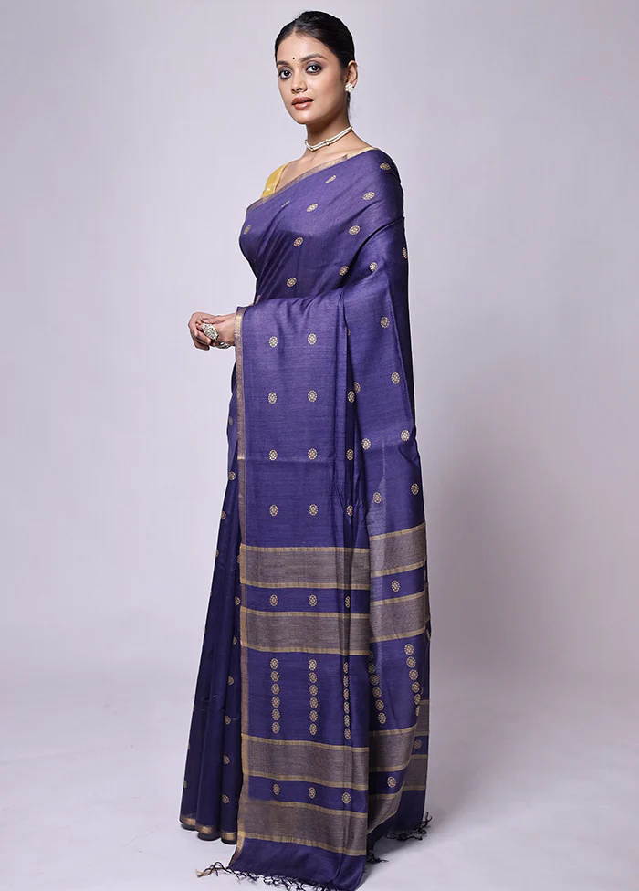 Blue Tussar Silk Saree With Blouse Piece - Image 4