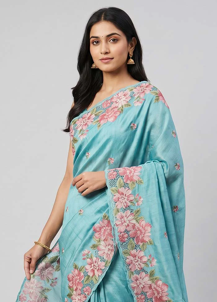 Blue Tussar Silk Saree With Blouse Piece - Image 2