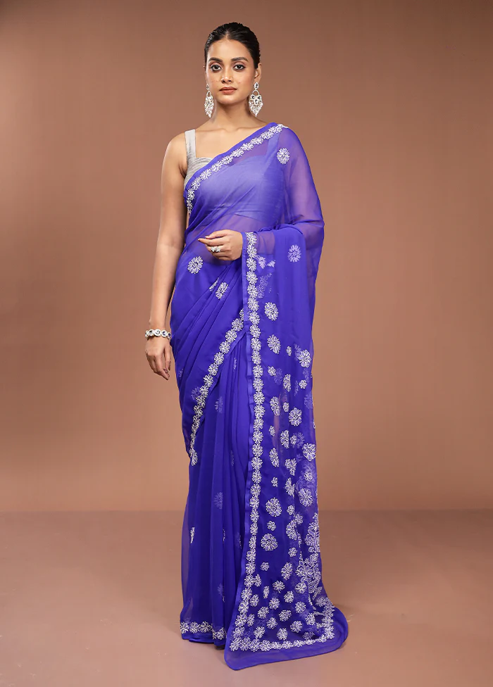 Blue Chikankari Saree With Blouse Piece - Image 2