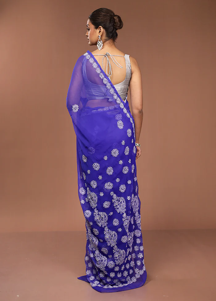 Blue Chikankari Saree With Blouse Piece - Image 3