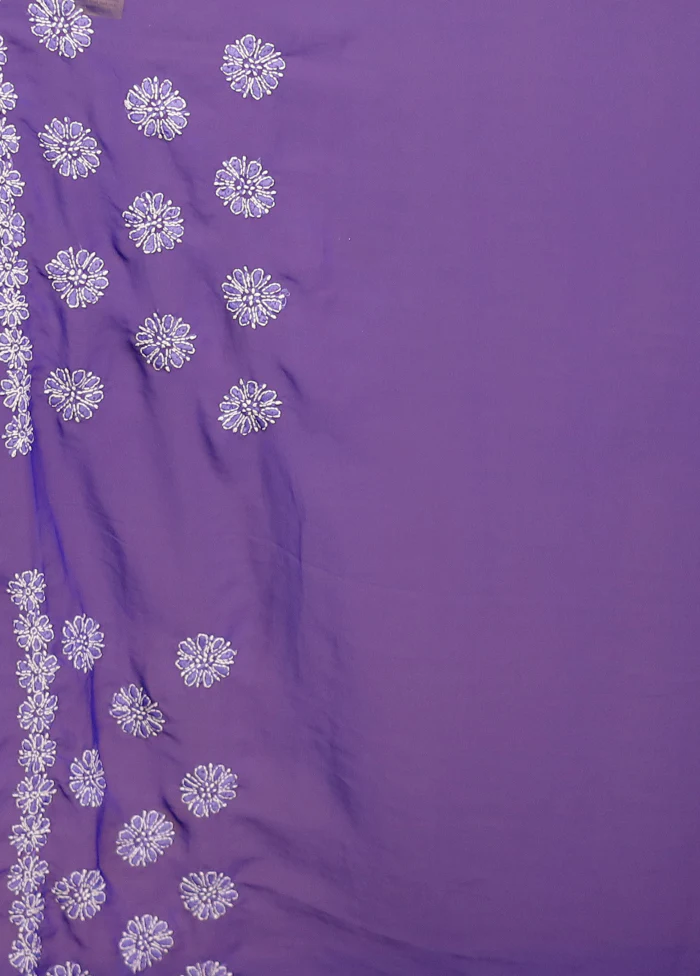 Blue Chikankari Saree With Blouse Piece - Image 5