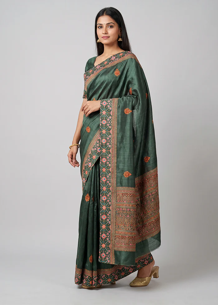 Blue Tussar Silk Saree With Blouse Piece
