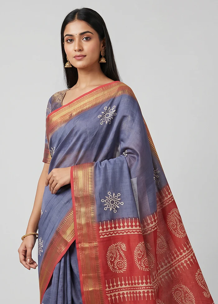 Blue Tussar Silk Saree With Blouse Piece - Image 2