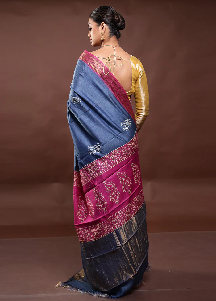 Blue Tussar Silk Saree With Blouse Piece - Image 3