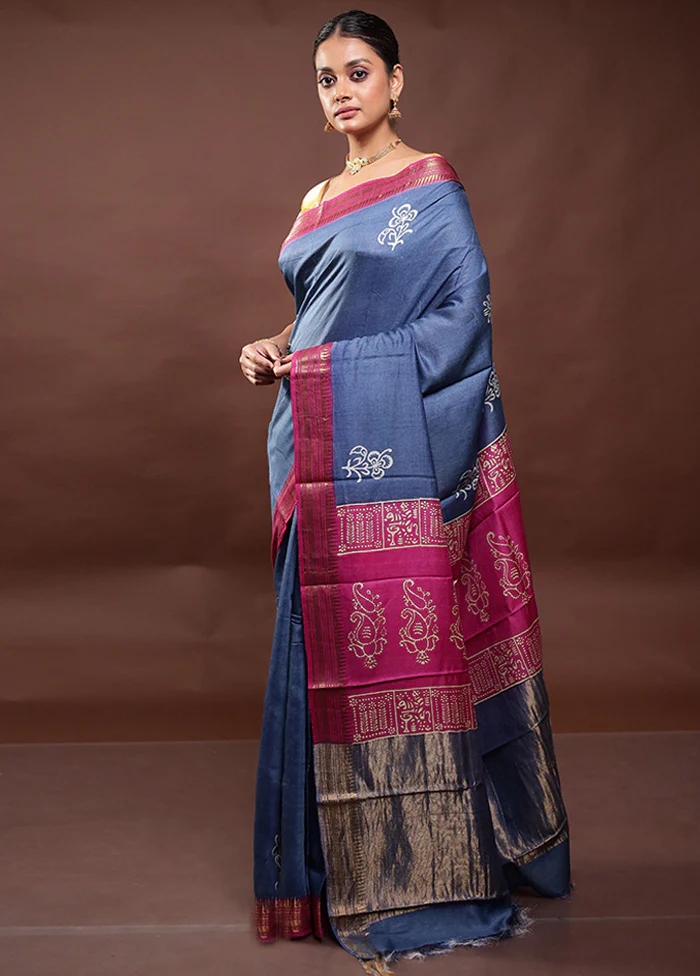 Blue Tussar Silk Saree With Blouse Piece - Image 4