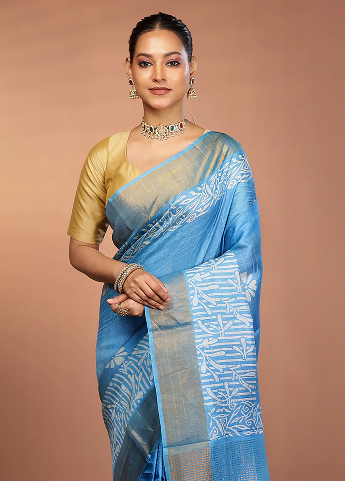 Blue Tussar Silk Saree With Blouse Piece