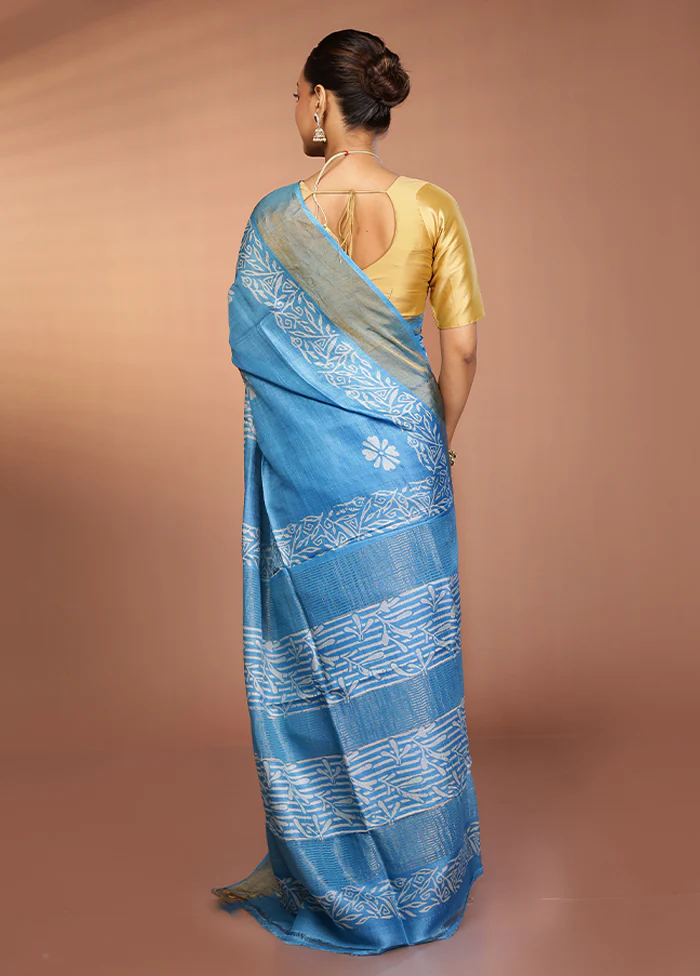 Blue Tussar Silk Saree With Blouse Piece - Image 3